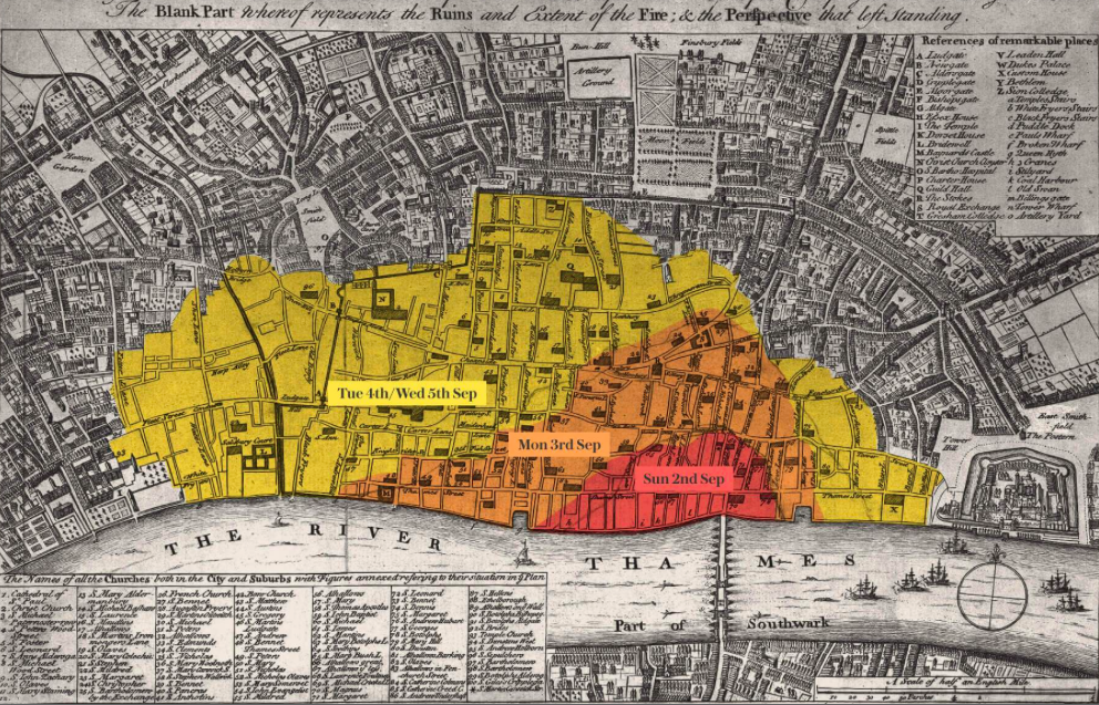 Map of London dating from 1666, showing how the fire spread (Museum of London)