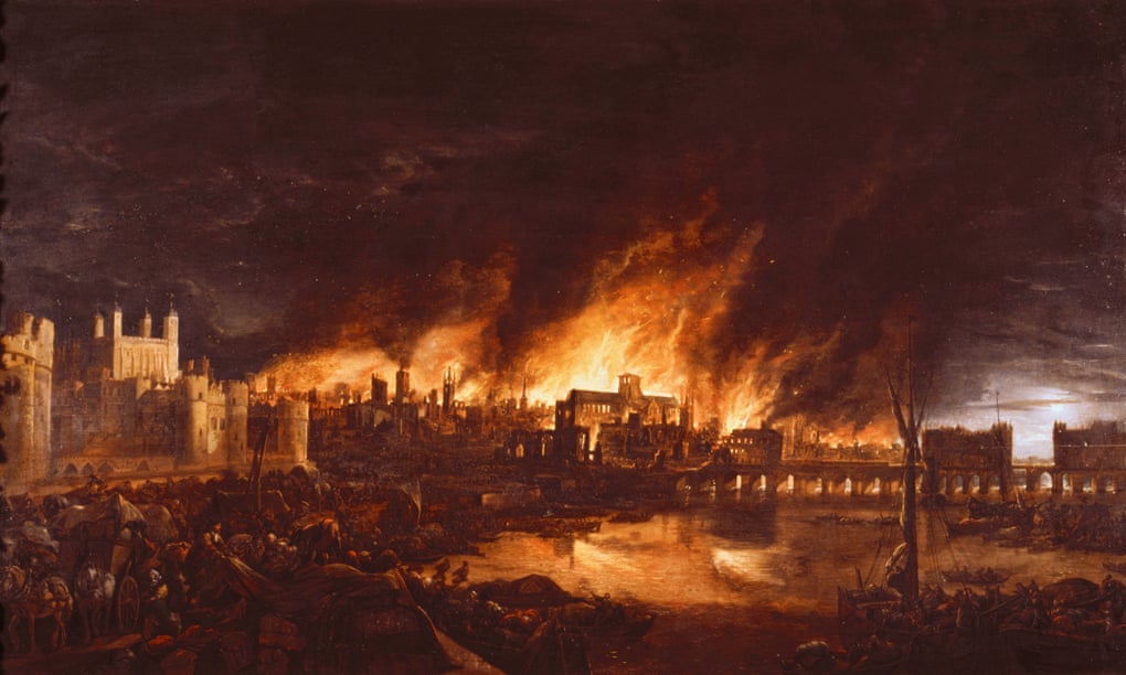 A painting of buildings on fire. Flames ruse above the rooftops