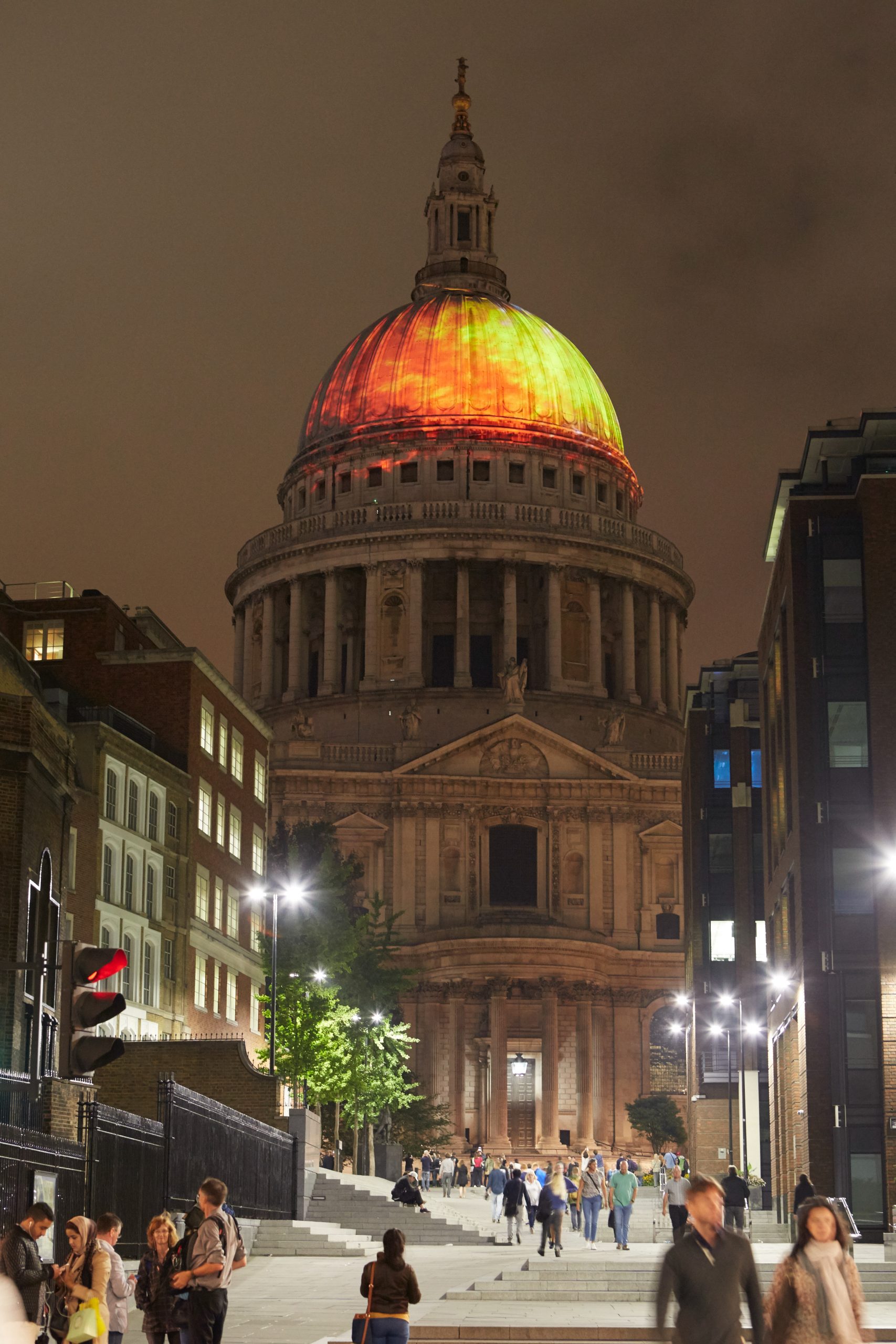 Imagery of flames projected onto the roof of St Pauls Cathedral