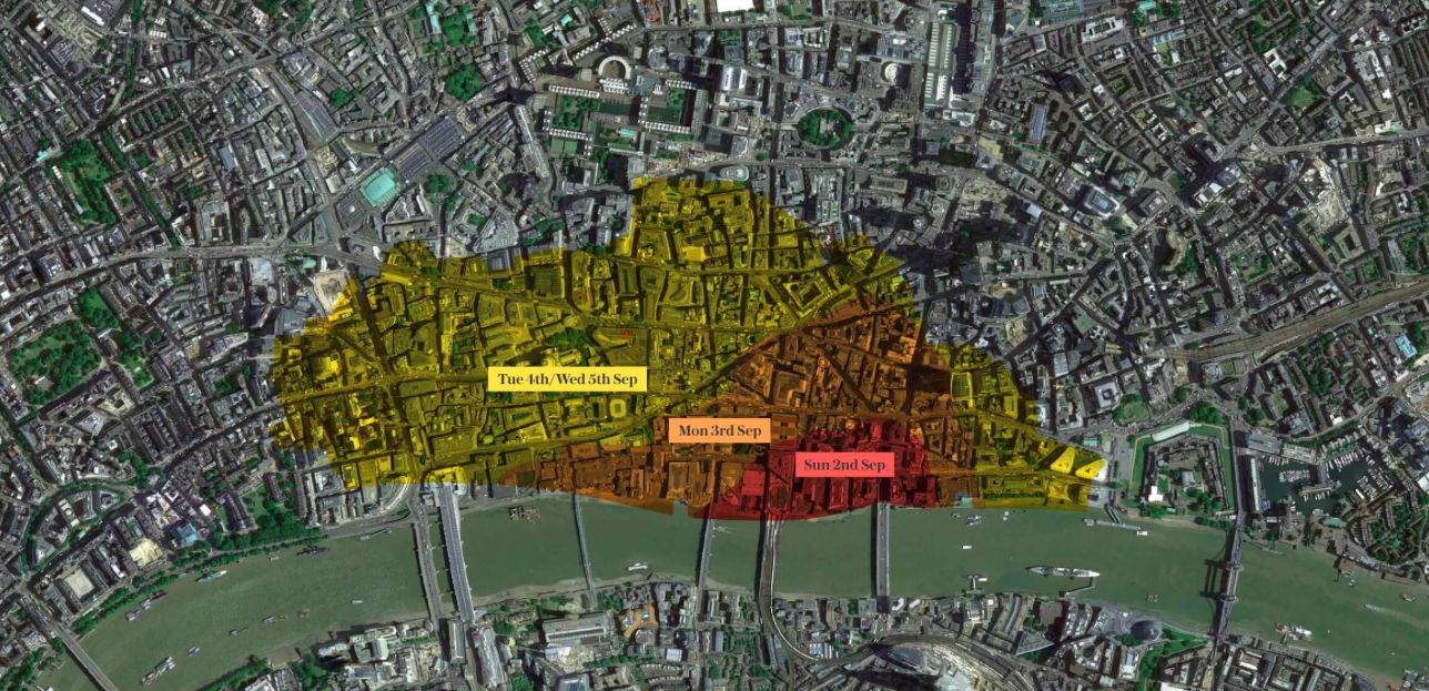Map of modern London with colours showing how the fire spread in 1666