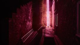 Pink ladder lit up in a dark alleyway