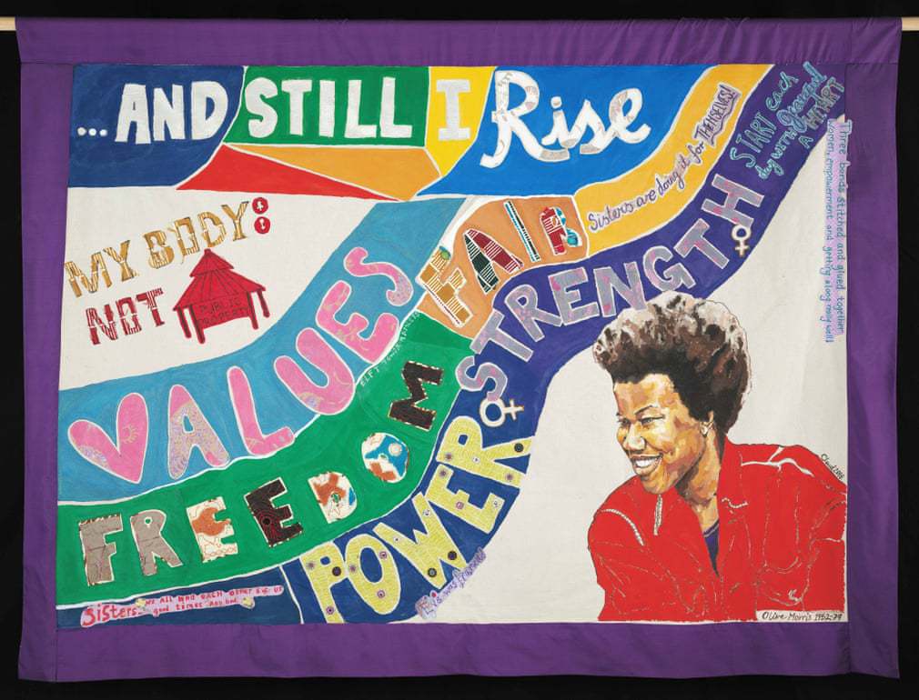 Multicolour banner with a textile collage of the words