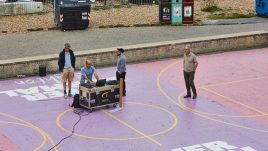 Sound engineers on the basketball court