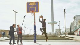 John and Mike Furness recording sounds on the basketball court