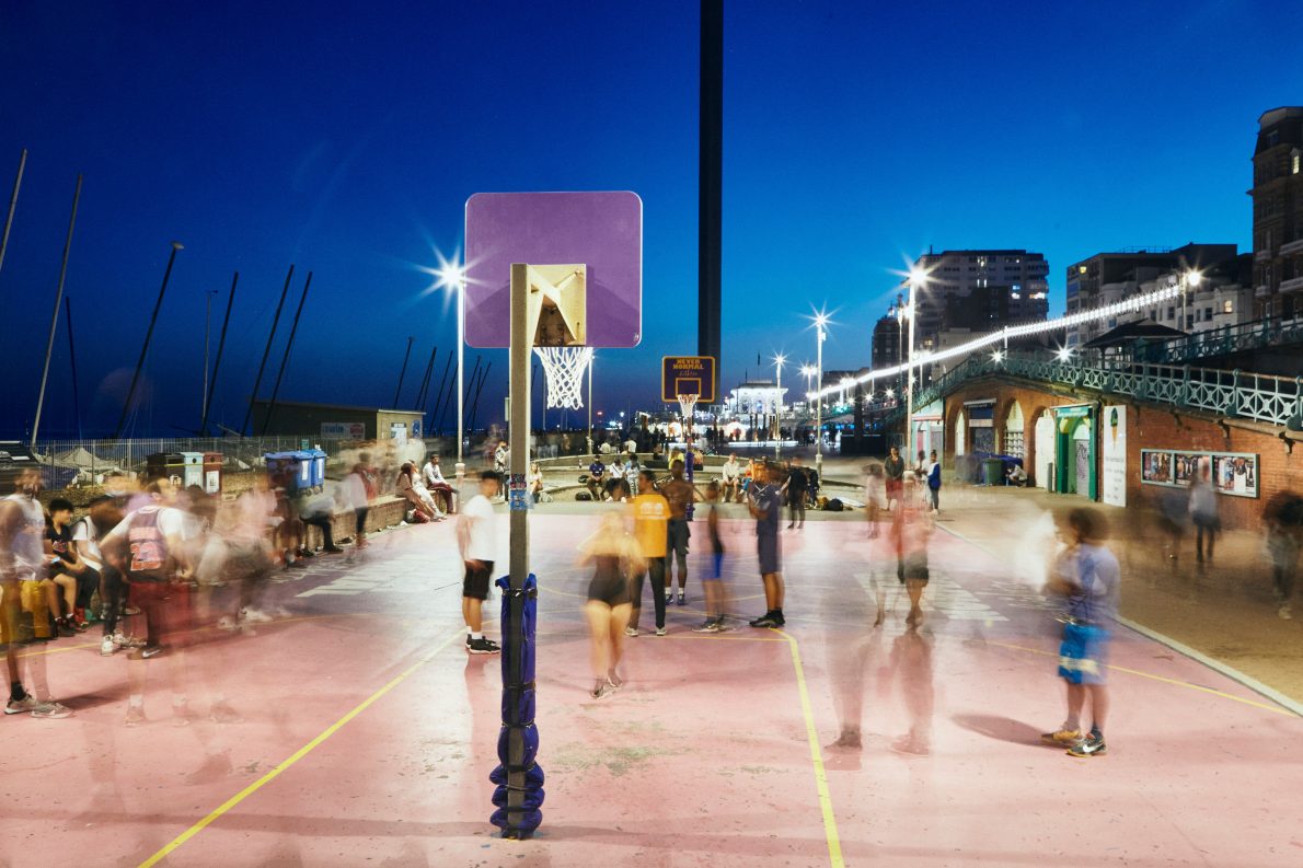 Slow shutter speed photo of the brighton beach basketball court at night