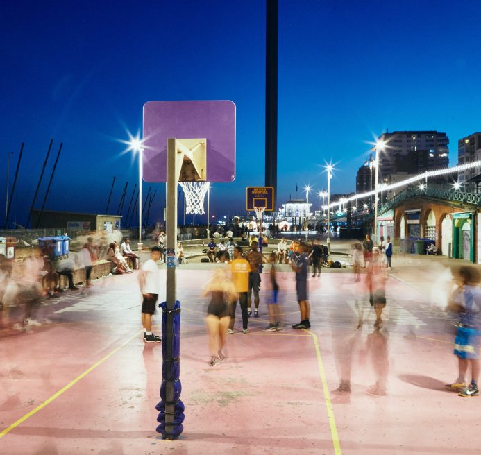 Slow shutter speed photo of the brighton beach basketball court at night