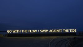 Illuminated text reads: Go with the flow / swim against the tide