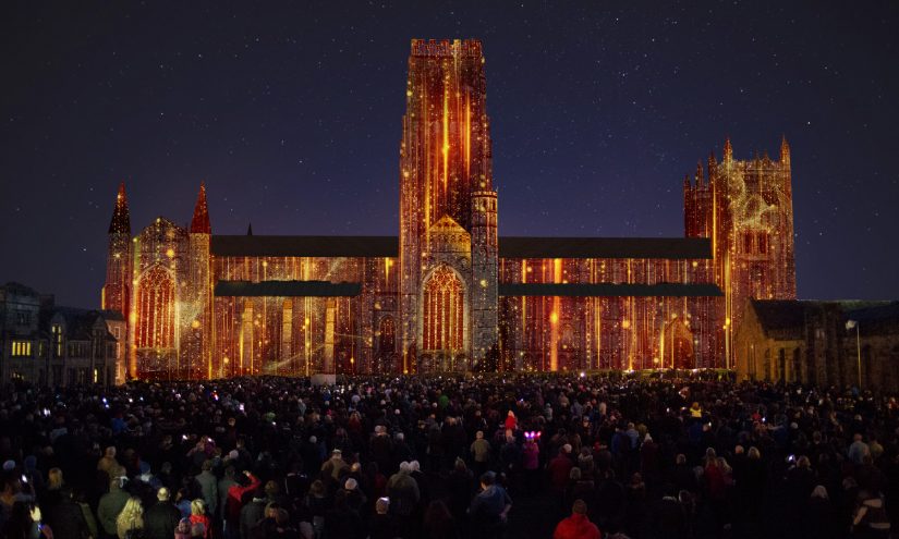 Rendering of Durham Cathedral projected with golden rain