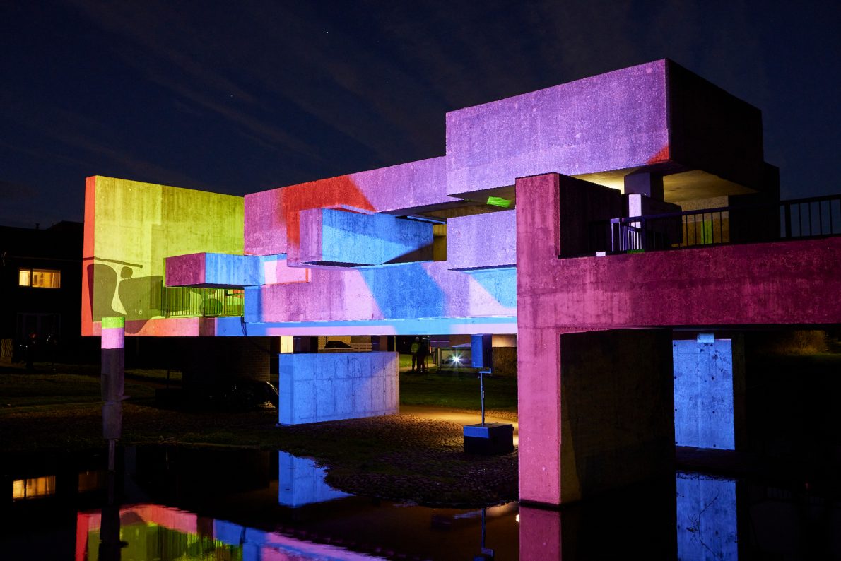 Apollo 50 bridge lit up with a colour projection