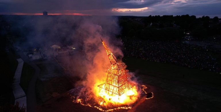 Overhead shot of the Sanctuary structure engulfed in flames