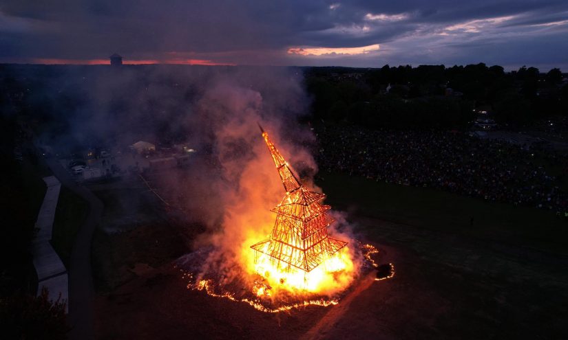 Overhead shot of the Sanctuary structure engulfed in flames