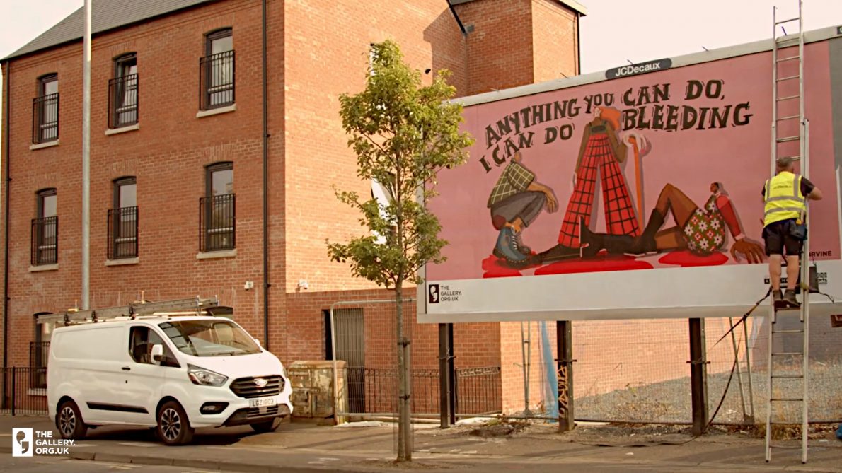 Timelapse of Nichola Irvine's artwork being installed on a billboard. The work depicts three people standing and sitting in a pool of blood. Text reads: Anything you can do, I can do bleeding.