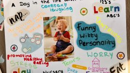 A photo of an artwork created at a workshop with young mothers in Belfast about 'The State We're In'. A collage of magazine clippings. Notable words read 'A Day in the life with a KID...', 'TANTRUMS' and 'play'. Notable images inlude a laughing toddler, musical notes and a drawing of a hospital.