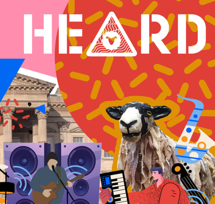 A collage. HERD logo on top right, in white. Pink and red background with illustrations and a sheep maquette in the bottom right corner. A historic building is on the left of the image and there are illustrations of sound systems and instruments floating around.