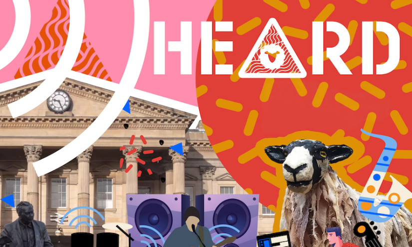 A collage. HERD logo on top right, in white. Pink and red background with illustrations and a sheep maquette in the bottom right corner. A historic building is on the left of the image and there are illustrations of sound systems and instruments floating around.