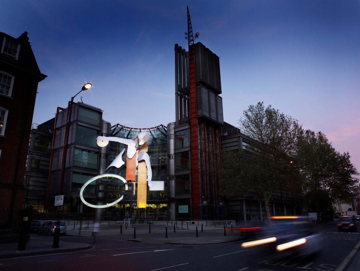 ‘Monument to the Unintended Performer’ seen outside Channel 4 TV Centre at dusk.