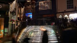 The artwork 'Heaven on Earth #3' by Shirin Abedinirad. The Magdalene Steps in Durham have been lit and covered in long sheets of mirrors.