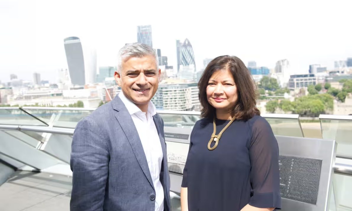 Shirley Rodrigues and Sadiq Khan infront of the London skyline