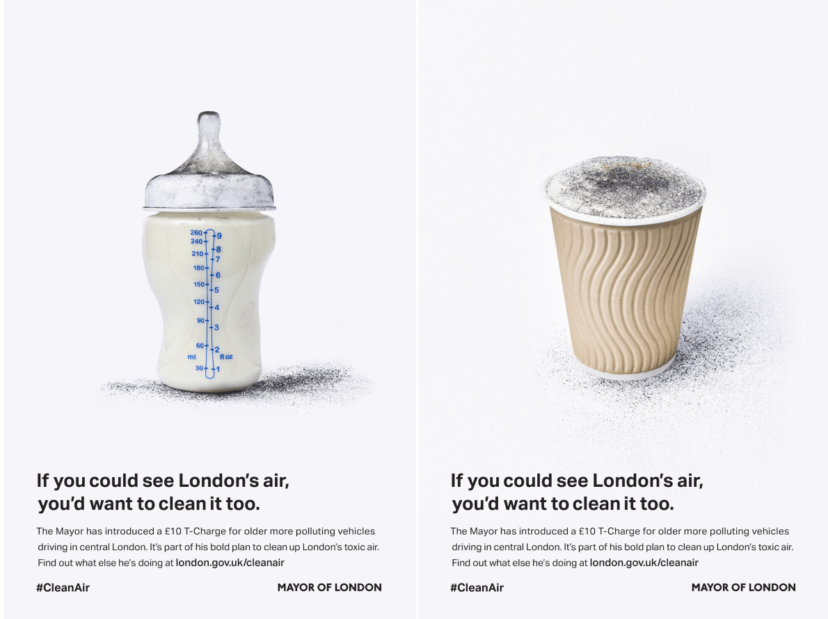 The posters used in the #CleanAir 2017 campaign. Left: the aforementioned baby’s milk bottle covered in soot. Right: a cappuccino covered in soot. The tagline reads ‘If you could see London’s air, you’d want to clean it too.’
