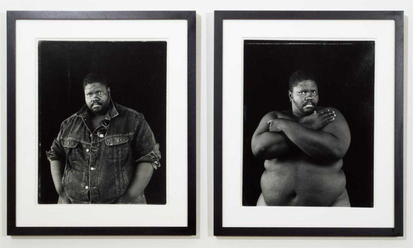 Two photographs of a subject, one is clothed and the other is unclothed with their arms wrapped around themselves.