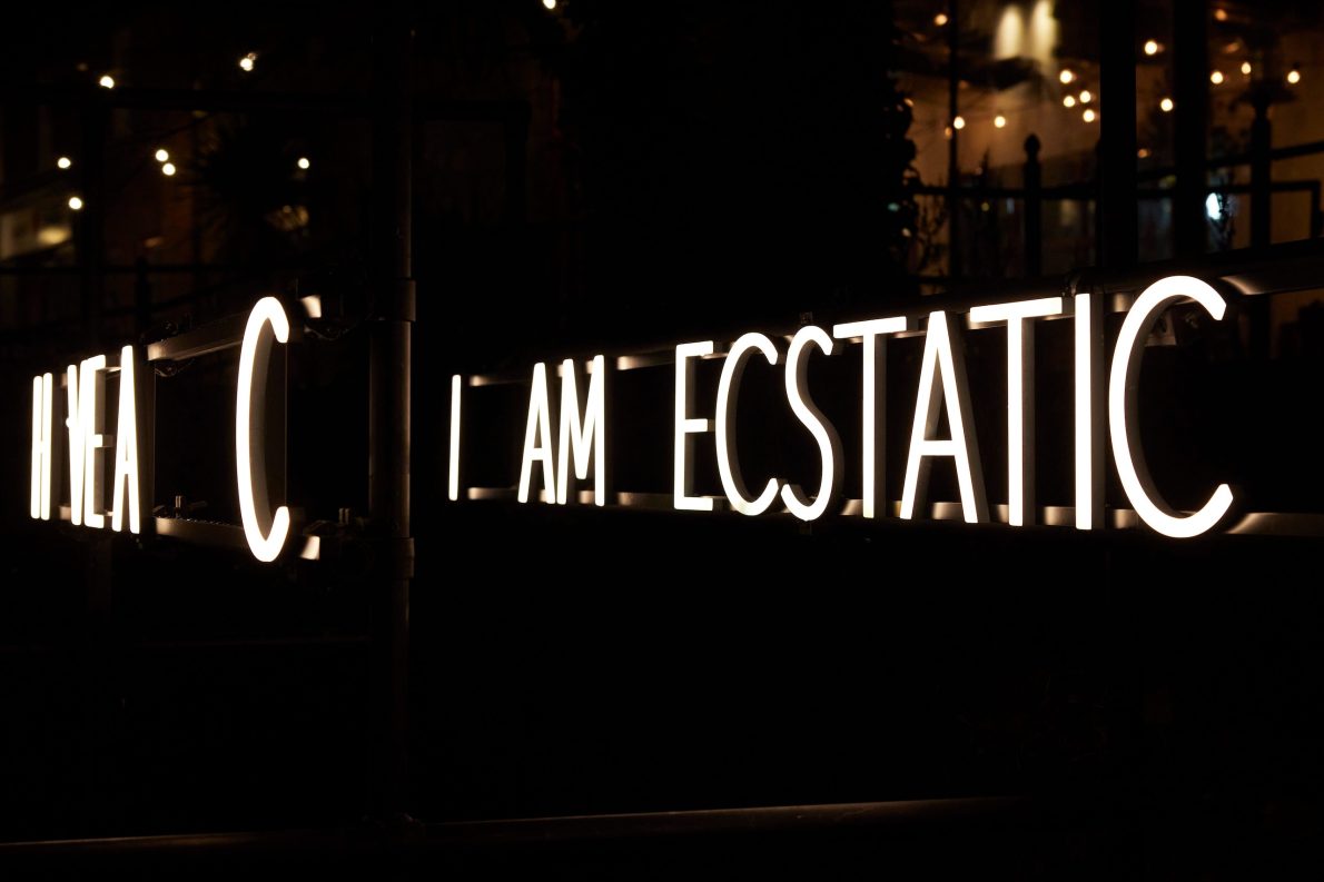 A neon text installation close-up. The text reads 'I AM ECSTATIC'. Seen at night.