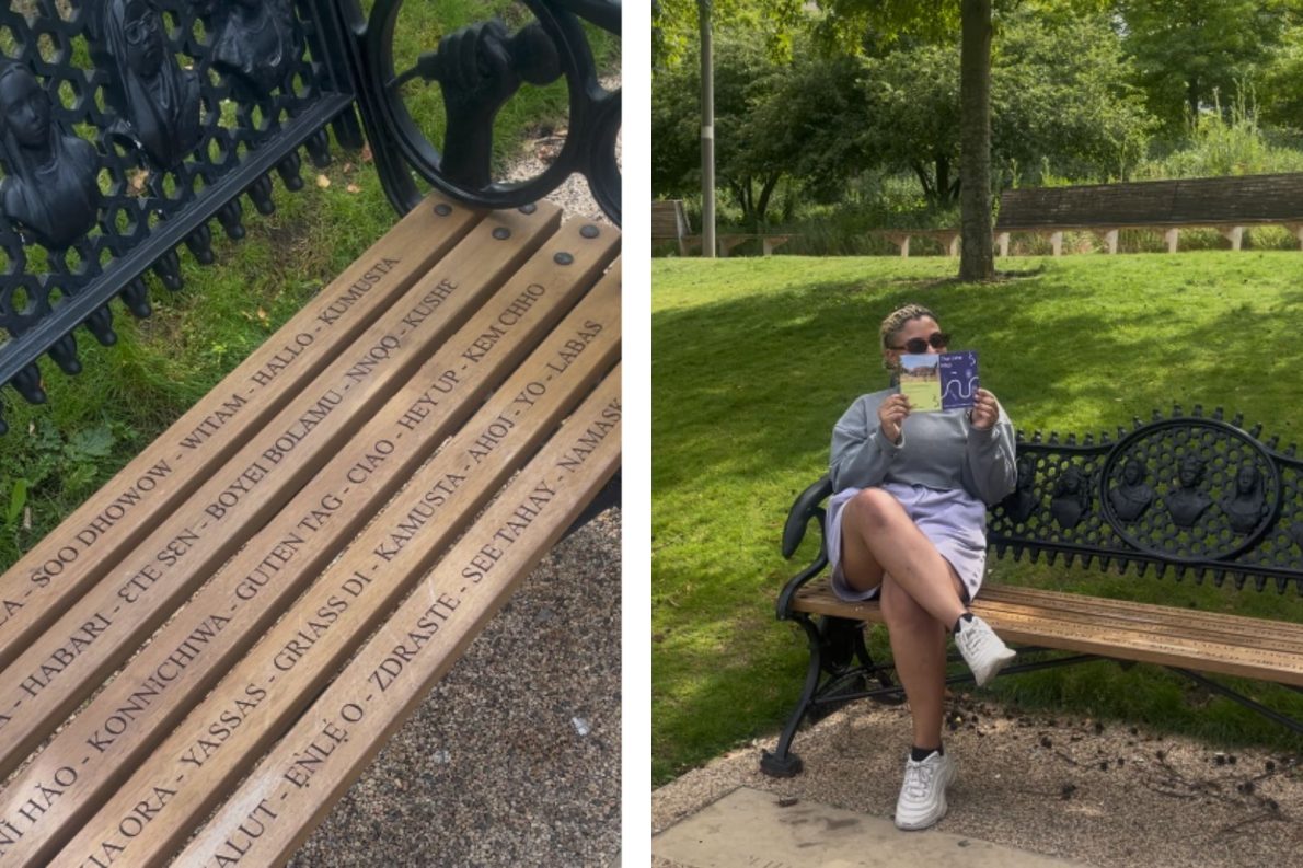 Two images, side-by-side: The one on the left shows a wooden bench with metal armrest, set on gravel beside grass. The bench features greetings in various languages carved into the slats, conveying a welcoming tone. The one on the right shows a person sitting on a decorative bench in a park, holding The Line booklet over their face. They're wearing a gray shirt and sneakers. The setting is lush and green.