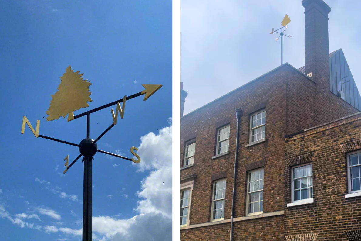 A two-part image featuring a decorative weather vane with compass points and a tree silhouette. Left: Close-up against a bright blue sky. Right: Weather vane atop a historic brick building under light clouds. Mood is peaceful and architectural.